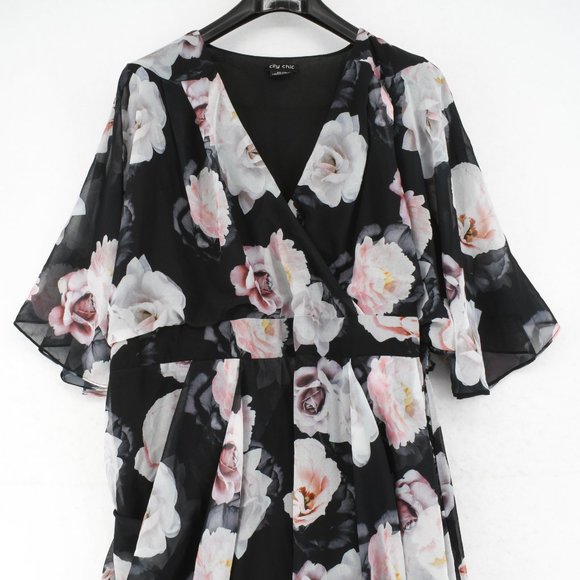 City Chic Women's V-neck Black Floral Print Dress - Picture 4 of 8